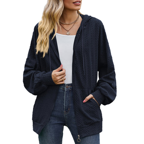 Solid color pocket long sleeve loose hooded sweater women's jacket m300392