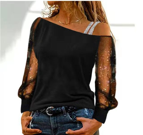 Diagonal Collar Gauzy off-the-Shoulder Long Sleeve T-shirt Fashion off-Shoulder Base Shirt M300176