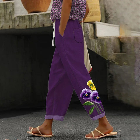 Linglong hemp digital printing simple crimped casual pants m303184
