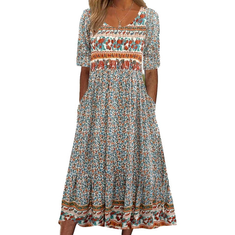 Damen Rundhals Kurzarm Langes Kleid Bohemian Kleid m302895