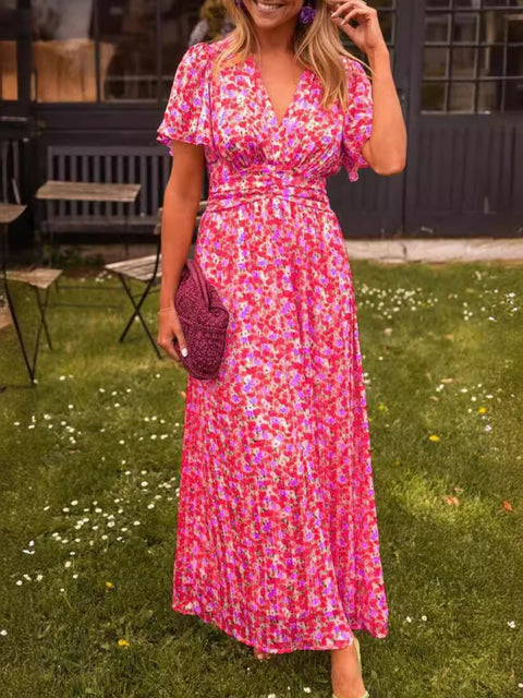 Temperament printed waist V-neck dress m301307