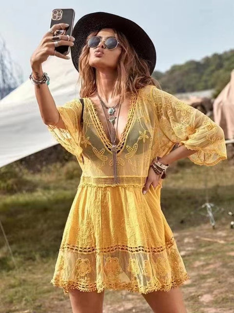 Beach blouse lace cutout sunscreen sexy bikini swimsuit with m301497