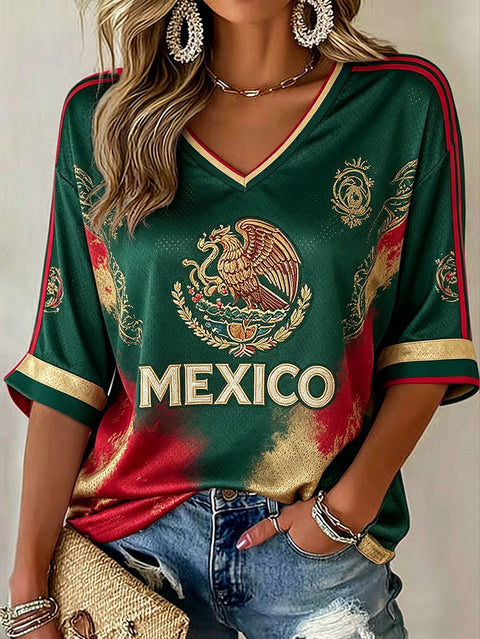 Down shoulder V-neck seven-quarter sleeve 3D printed women's top T-shirt m302844
