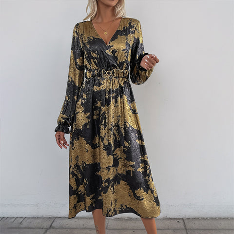 Temperament v-neck long-sleeved A-pendulum bronzing dress autumn women's high-end m300808