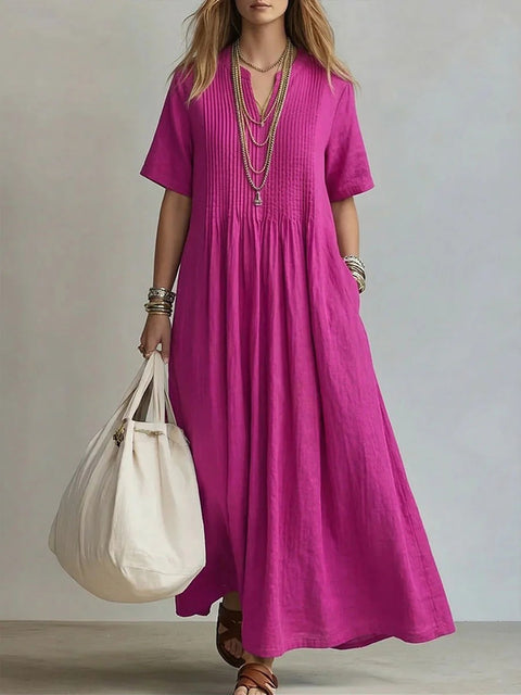 Ladies casual loose V-neck short-sleeved pleated cotton and linen dress m303244