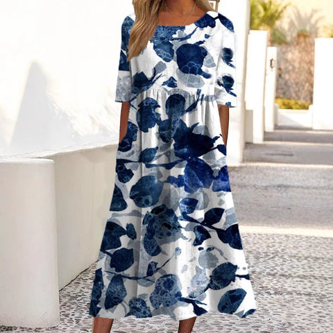 Women's Fashion Loose Floral Print Crew Neck Short Sleeve Pocket Dress m302800