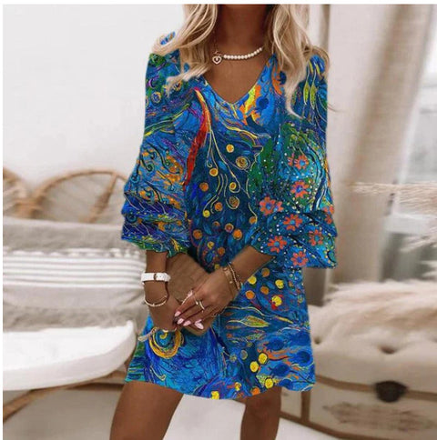 Robe décolleté en V imprimée sur toute la surface m302858