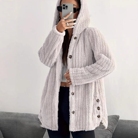 Autumn and winter women's clothing solid color long-sleeved hooded loose plush jacket women's m301910