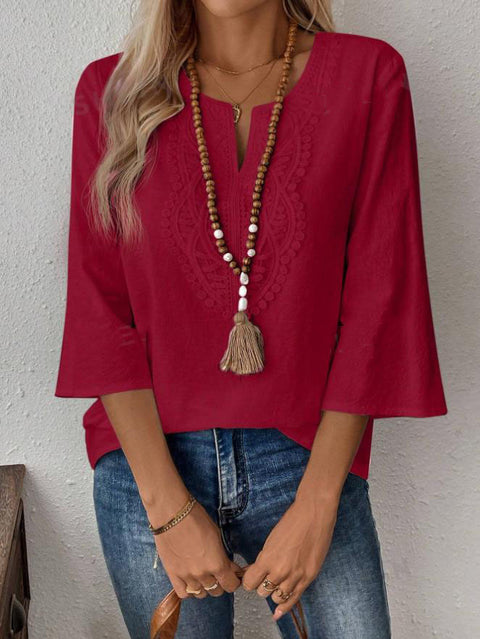 Women's loose solid color V-neck lace edge shirt m301477