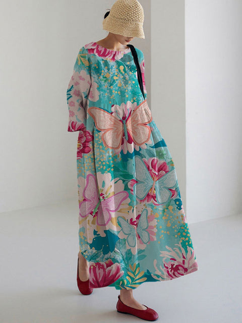 Loose Crew Neck Fashion Premium Long Sleeve Printed Dress m301044