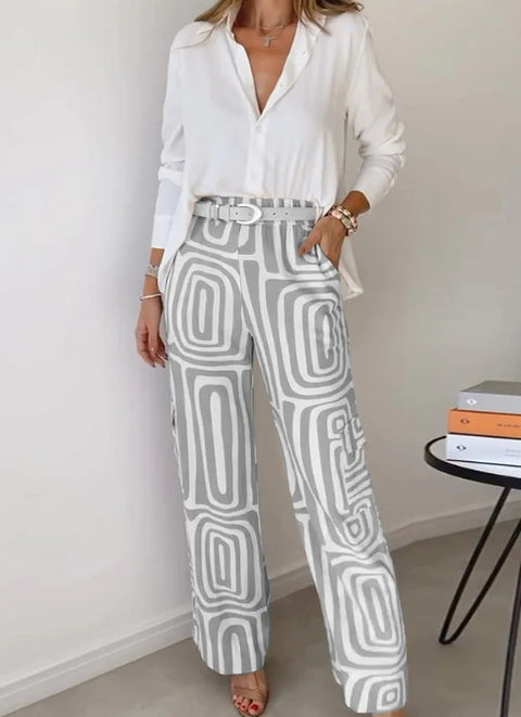 Casual suit women's high-end digital printing commuter shirt loose trousers two-piece set m301306