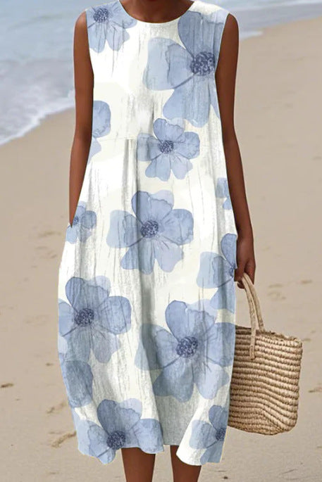 New sleeveless casual printing temperament long dress dress slim fit small fresh m302083