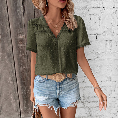 Women's v-neck solid color women's lace shirt m300843