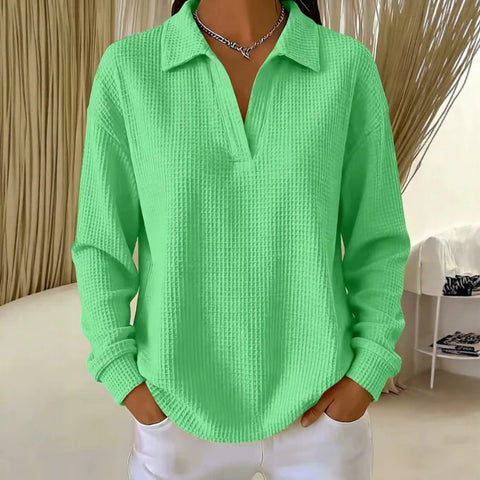 Waffle Lapel Long Sleeve Polo Top m303214