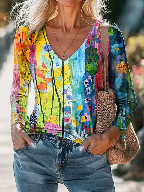 Casual V-neck long-sleeved pullover digital printing T-shirt FF303115