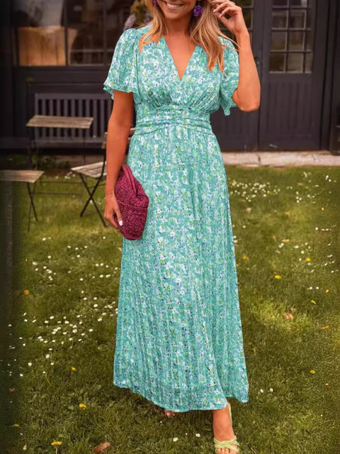 Temperament printed waist V-neck dress m301307