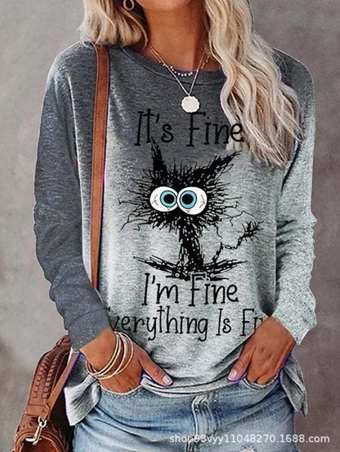 Pet cat gradual change color 3D printing long sleeve T-shirt round neck T-shirt m302928