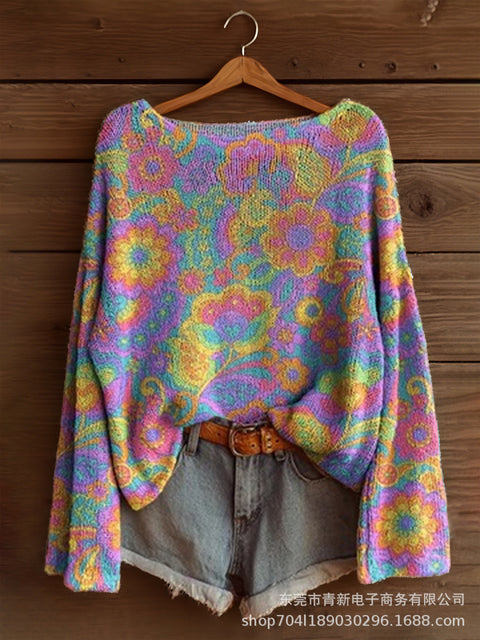 Vacation print casual cape top crew neck knitted sweater m302130