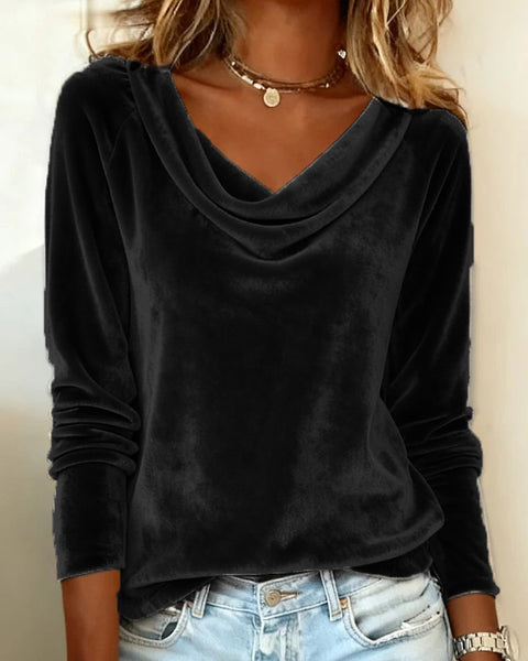 Fashion women's clothing new solid color swinging collar long-sleeved sexy velvet T-shirt m302189