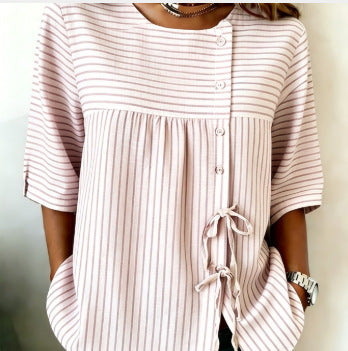 Temperament women's long-sleeved shirt printed top lace-up shirt m302925