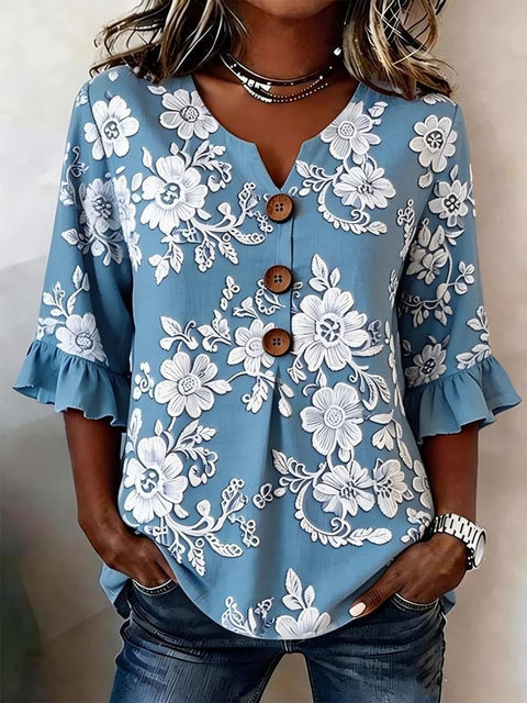 Small V-neck shirt flared sleeve printed button-down shirt m302753