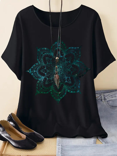 Retro printed cotton short-sleeved T-shirt early spring new versatile crew neck bottoming shirt m301287