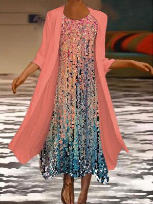 New women's long dress two-piece set flower and grass print crew neck dress m301251