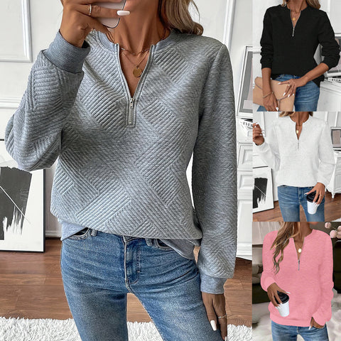 Women's casual solid color knitted texture fabric zipper long sleeve sweater m301886