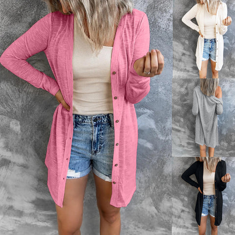Long button solid color casual long sleeved cardigan women's m300020