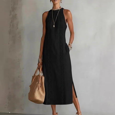 Women's clothing neck holiday solid color lace splicing sleeveless dress m302923