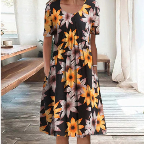 New casual print crew neck short-sleeved dress m300930