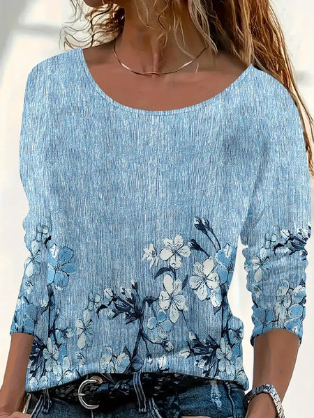 3D printed women's casual flower crew neck long-sleeved t-shirt top m301719