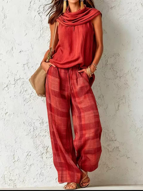 Retro casual fashion sleeveless top and plaid pants set m303064