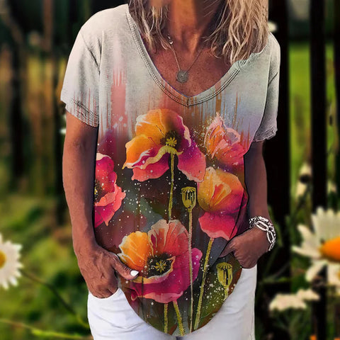 Faux cotton short-sleeve V-neck printed women's wear m303193