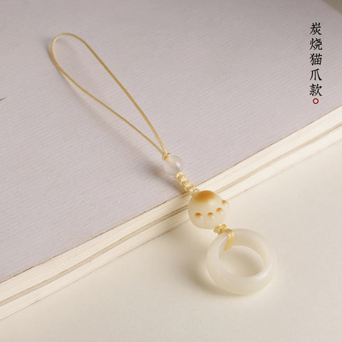 White jade Bodhi root running ring mobile phone chain hand-woven cute Dongling jade keychain pendant m3331261