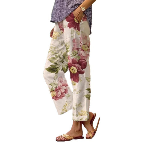 Linglong hemp digital printing simple crimped casual pants m303184