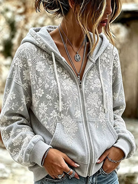 Sequin floral elements 3D digital printing loose casual hooded sweater m303215