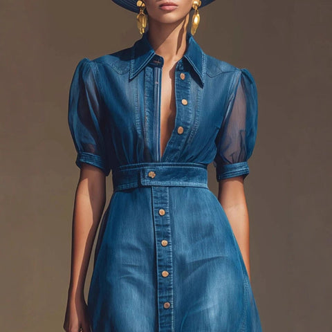V-neck short-sleeved jacket organza blue imitation denim dress m303247