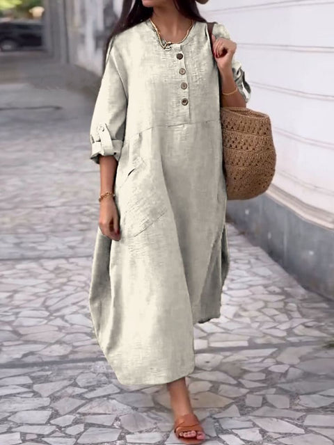Women's Solid Color Crew Neck Cotton and Linen Long Sleeve Casual Double Pocket Button Long Dress m302717