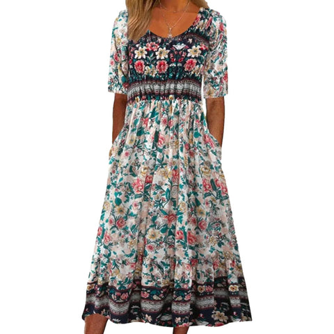 Damen Rundhals Kurzarm Langes Kleid Bohemian Kleid m302895