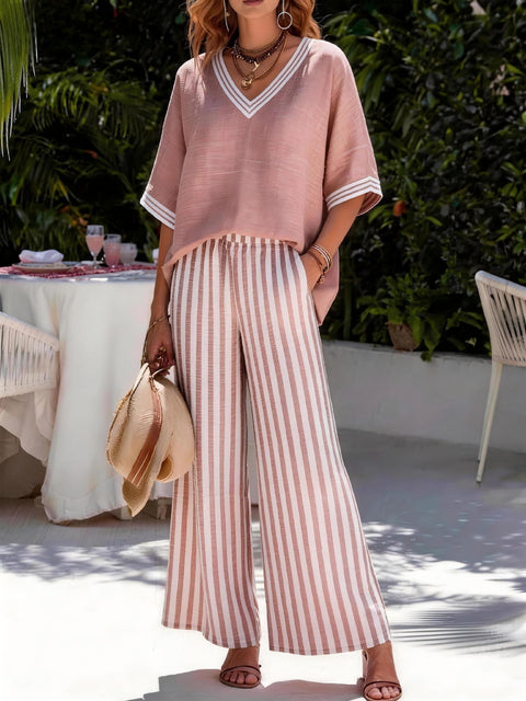 Women's casual striped comfortable loose V-neck two-piece set m302912