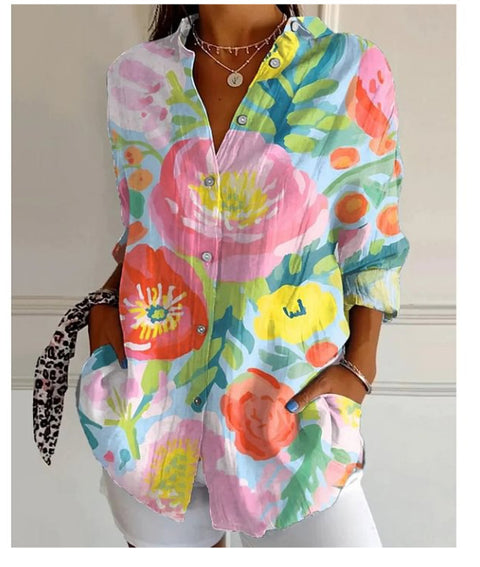 3D digital printing abstract pattern women's long-sleeved buckle linen shirt m302749-01