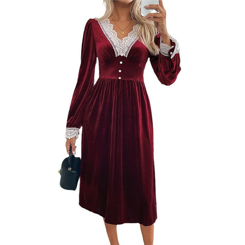 Autumn and winter velvet long dress autumn and winter lace splicing contrasting dress dress m300773