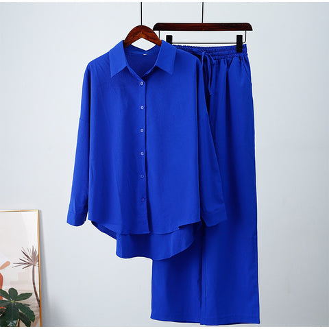 New loose elastic wrinkle long-sleeved shirt wide-leg pants casual suit women's 2-piece set m301960