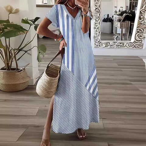 Stripe positioning printed V-neck split dress m301462