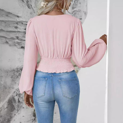 Waist V-neck bag sleeve solid color wrinkled women's long-sleeved top m300997