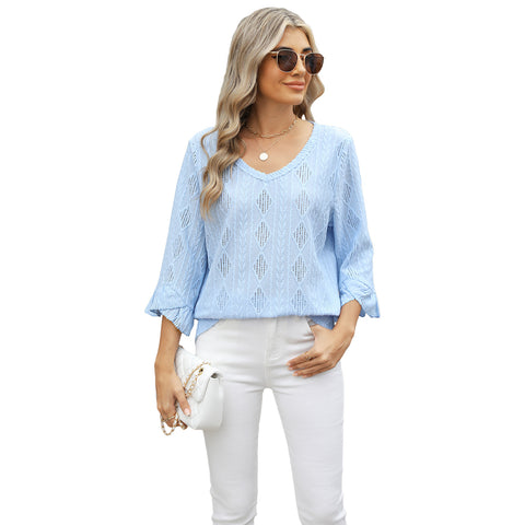 Spring and summer new v-neck rhombus grid hollow jacquard horn sleeve loose t-shirt women's m301965