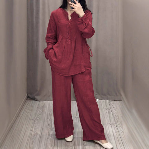 New fashionable and comfortable cotton and linen long-sleeved semi-open placket casual pleated wide-leg pants set m301930