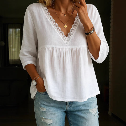 Casual seven-quarter-sleeved lace V-neck pullover multi-color women's top shirt m301442