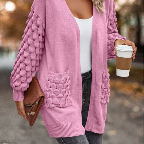 Autumn and winter feather net color V-neck cardigan long-sleeved knitted pocket sweater m300604